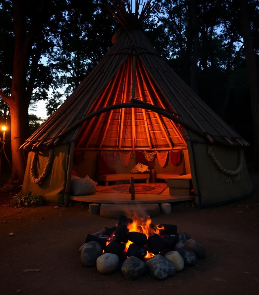 A domed temazcal sweat lodge glowing from within at dusk, with volcanic stones heating on an open fire outside