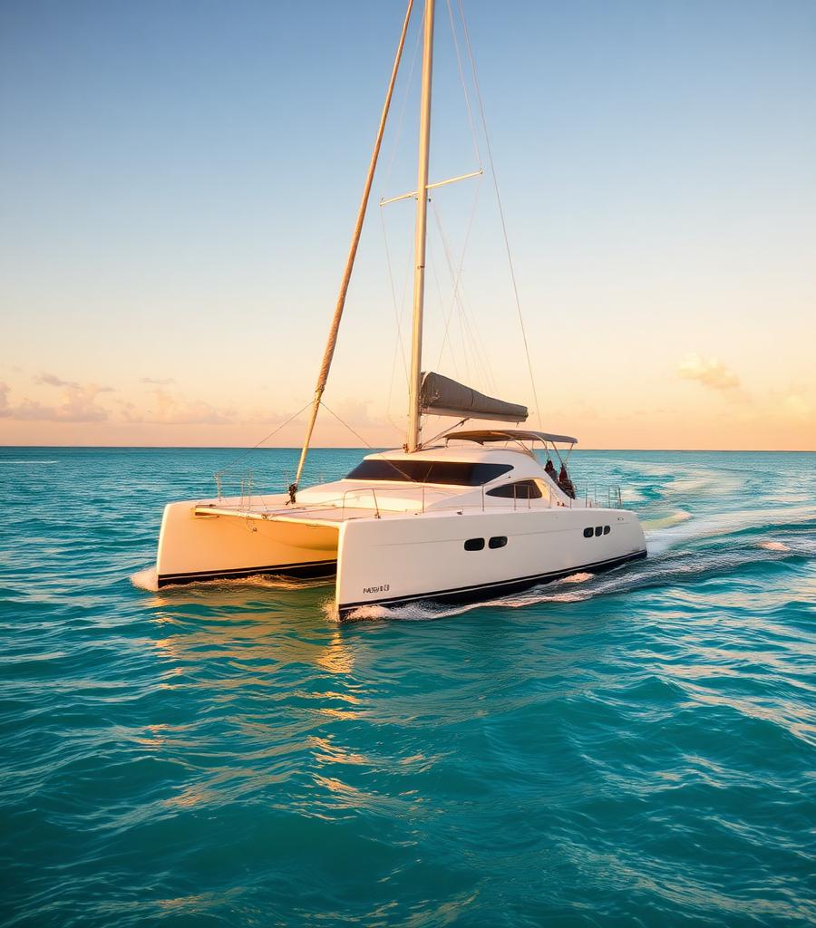 A white sailing catamaran cutting across calm turquoise water at golden hour