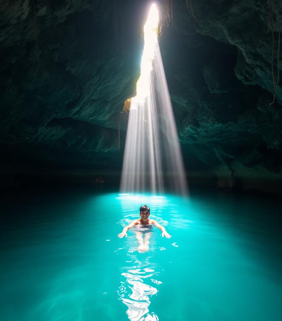 A swimmer in the turquoise water of a jungle cenote, lit by a shaft of daylight falling through the cave opening