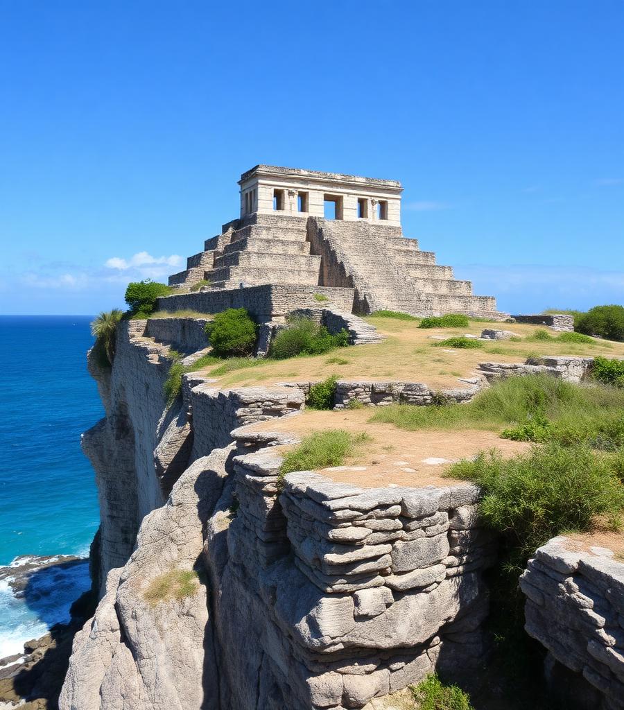 A Mayan stone temple standing on a limestone cliff above the Caribbean sea under clear blue sky