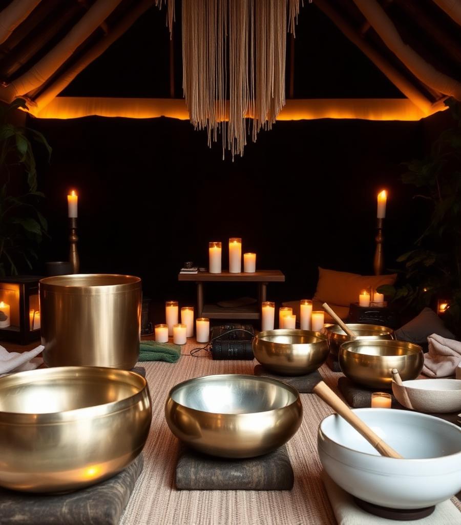 Brass singing bowls and lit candles arranged on woven mats inside a dim palapa-roofed wellness studio