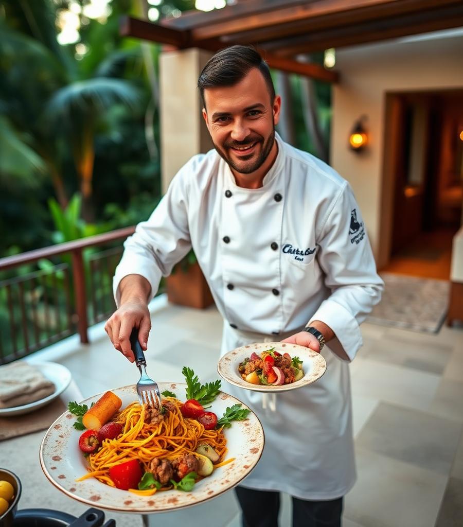 A chef in whites presenting two freshly plated dishes on a villa terrace surrounded by jungle greenery