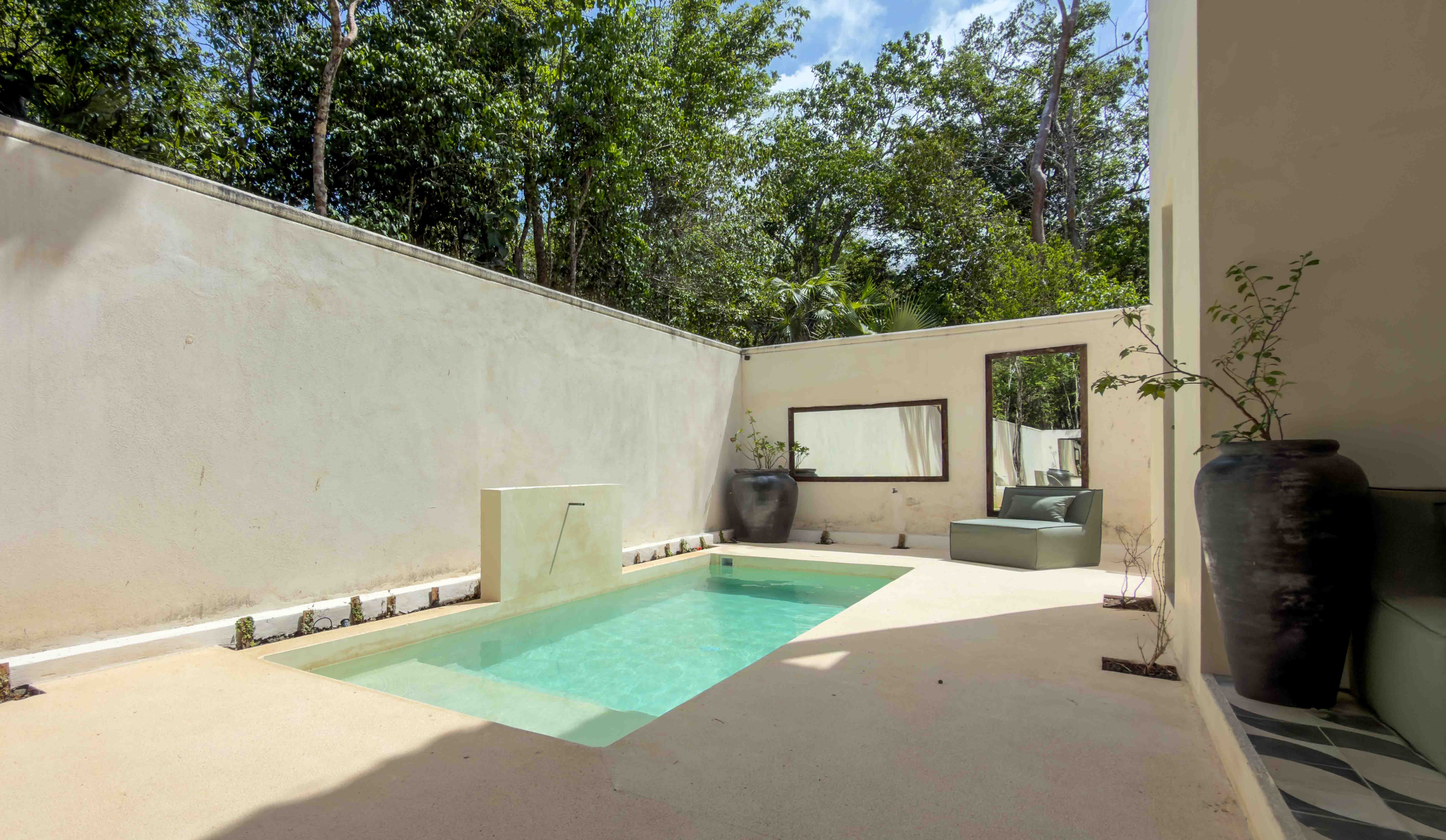 Private plunge pool in a walled courtyard with modern minimalist design.
